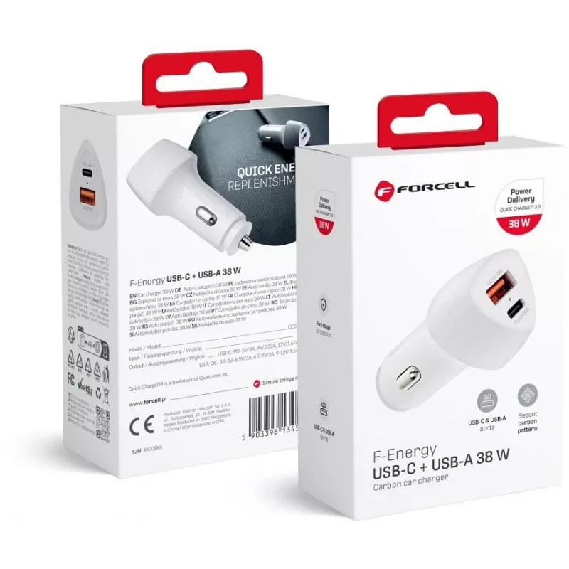 Forcell Carbon CC50-1A1C 38W USB-C PD + USB-A QC 3.0 autolaturi - valkoinen