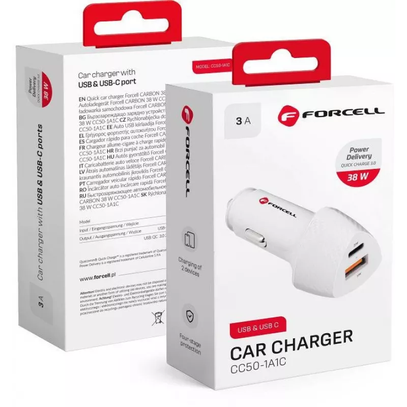 Forcell Carbon CC50-1A1C 38W USB-C PD + USB-A QC 3.0 autolaturi - valkoinen