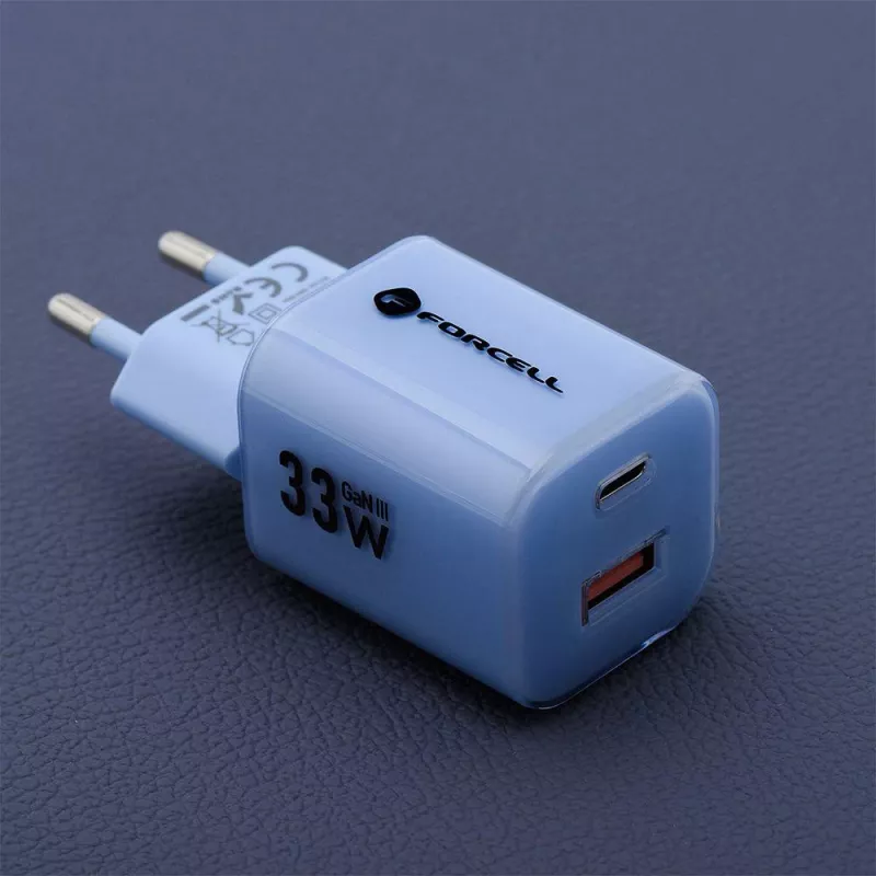 Forcell F-Energy GaN III VT-41 33W USB-C & USB-A seinälaturi, PD 3.0, QC 4.0, sininen