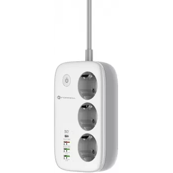 Forcell F-Energy VT-PS03 älykäs virtalista, 3x Schuko-pistorasia, USB-C PD 30W, 3x USB-A QC 3.0, Wi-Fi, Tuya-sovellusohjaus, 2500W/10A