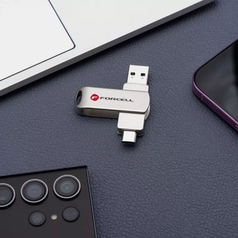 Forcell USB-muistitikku 64GB USB 3.2 Gen 1 (USB-A / USB-C) F-Data Metal Duo Silver