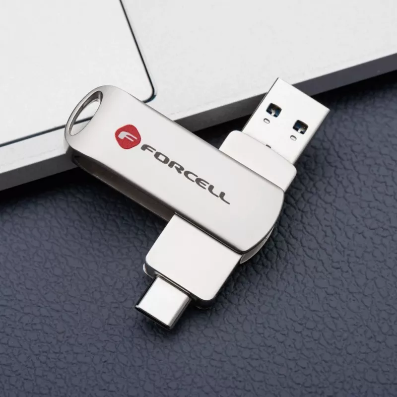 Forcell USB-muistitikku 64GB USB 3.2 Gen 1 (USB-A / USB-C) F-Data Metal Duo Silver