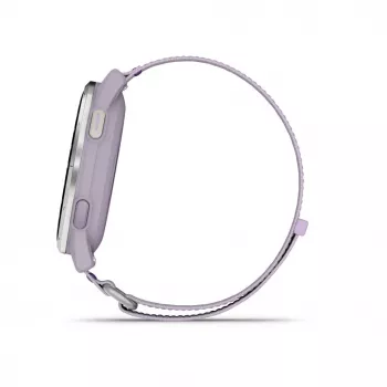 Garmin Approach J1 hopeinen alumiinikehys ja Lilac ComfortFit kangasranneke