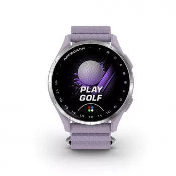 Garmin Approach J1 hopeinen alumiinikehys ja Lilac ComfortFit kangasranneke