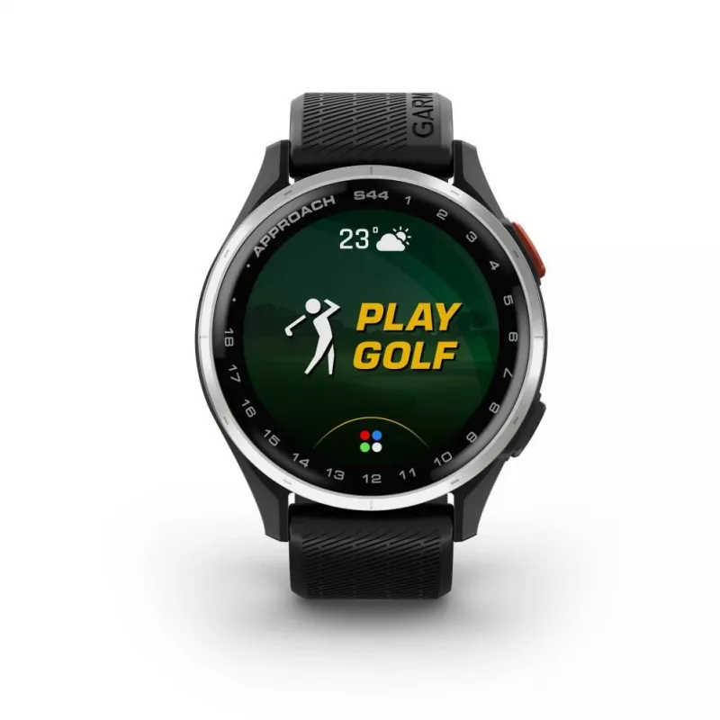 Garmin Approach S44 hopeinen alumiinikehä mustalla silikonirannekkeella