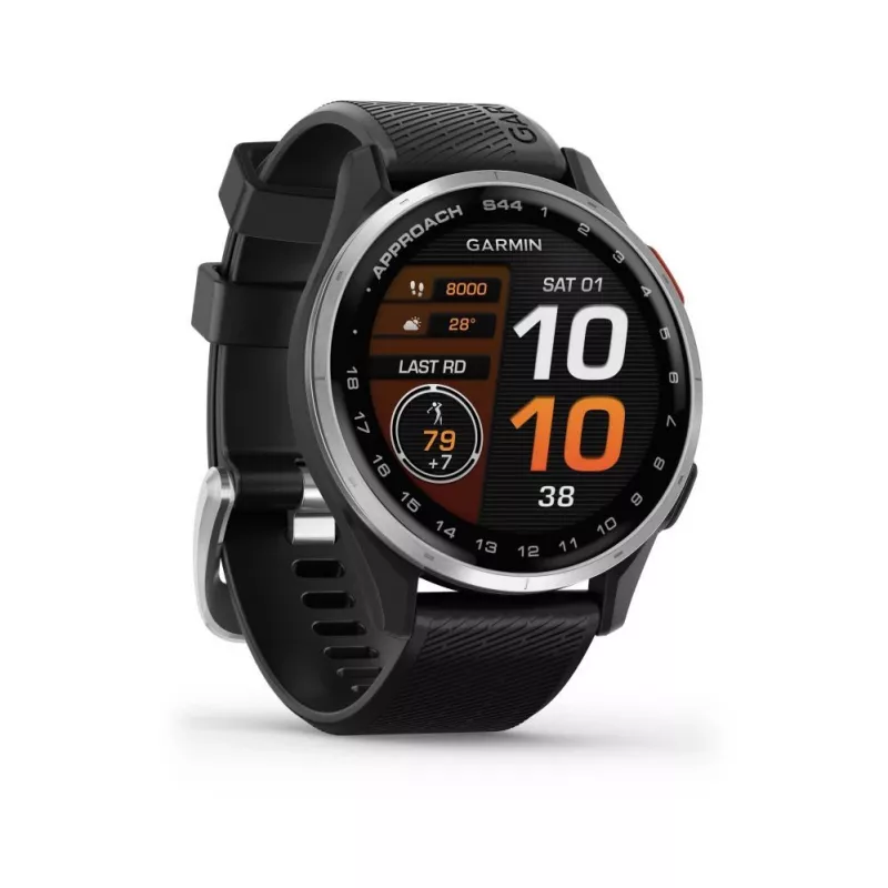 Garmin Approach S44 hopeinen alumiinikehä mustalla silikonirannekkeella
