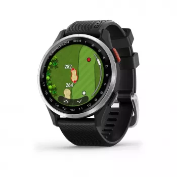 Garmin Approach S44 hopeinen alumiinikehä mustalla silikonirannekkeella
