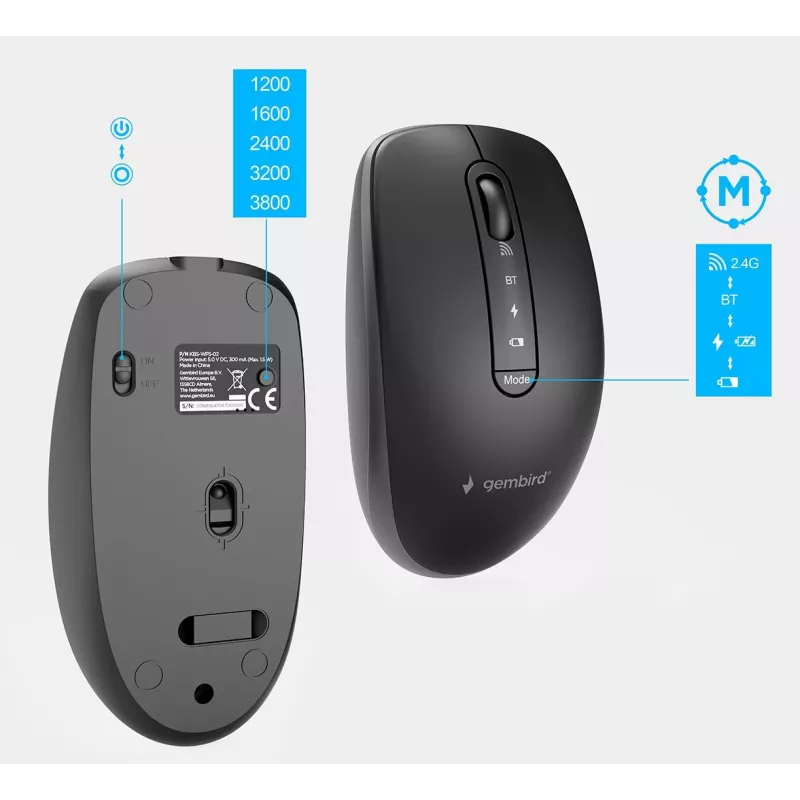 Gembird KBS-WPS-02 ohut langaton näppäimistö- ja hiirisetti, kaksoistila, 2,4 GHz + Bluetooth, US-asettelu, musta