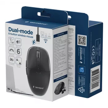 Gembird MUSW2-6B-01 kaksitoiminen langaton hiiri, 2,4 GHz + Bluetooth 5.0, 1600 DPI, 6 painiketta, musta
