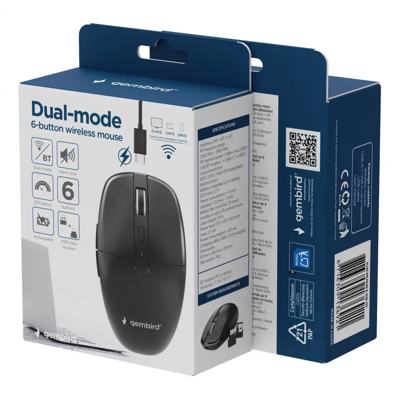Gembird MUSW2-6B-01 kaksitoiminen langaton hiiri, 2,4 GHz + Bluetooth 5.0, 1600 DPI, 6 painiketta, musta