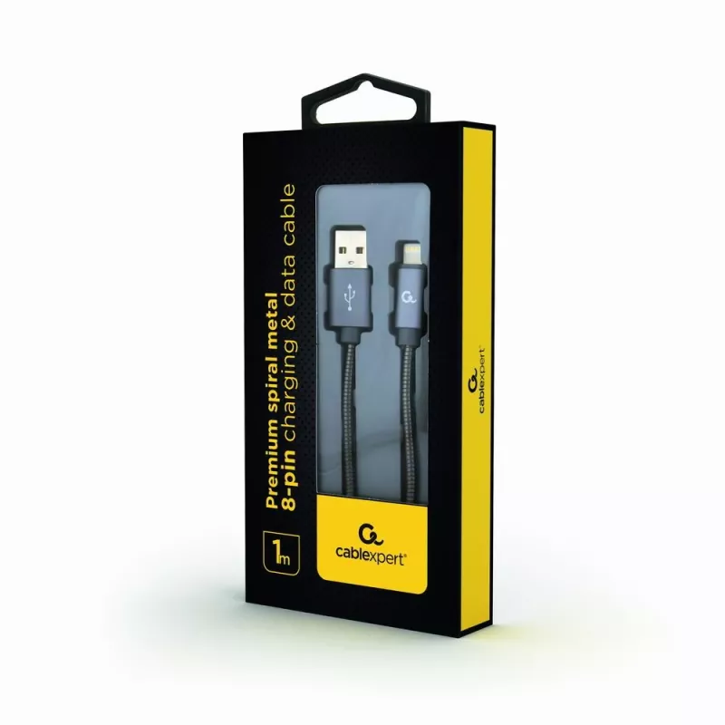 Gembird USB-A - Lightning -kaapeli, Premium spiraali metalli, 1 m, metallic grey