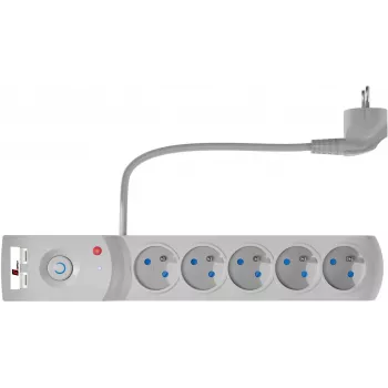 GETFORT 5-osainen ylijännitesuojattu jatkojohto 2 USB-latausportilla, 1,5m kaapeli, harmaa