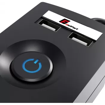 GETFORT 5P-3M-B-USB ylijännitesuojattu jatkojohto, 5 AC-pistorasiaa, 2 USB-A liitäntää, 3m kaapeli, musta