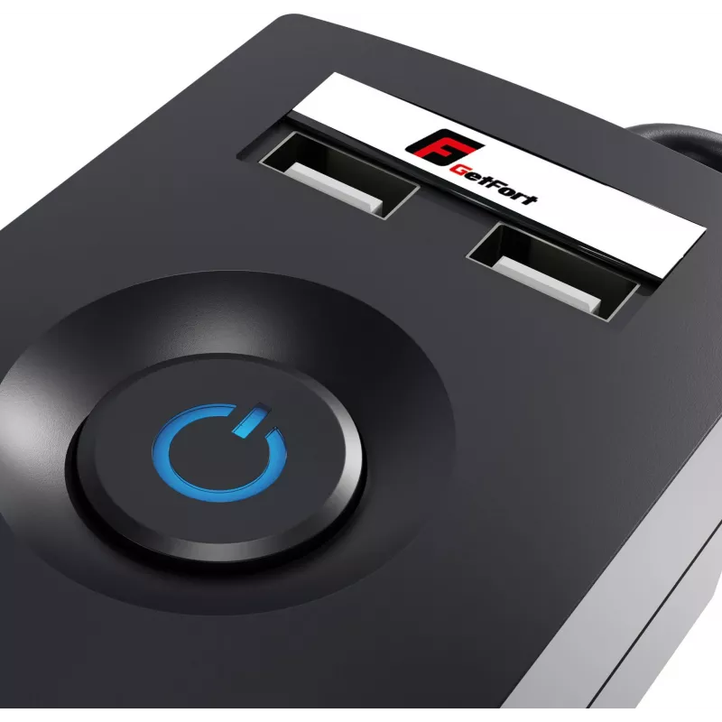 GETFORT pistorasia ylijännitesuojalla 5P-1.5M-B-USB, 5 pistorasiaa, 2 USB, 1,5 m, musta