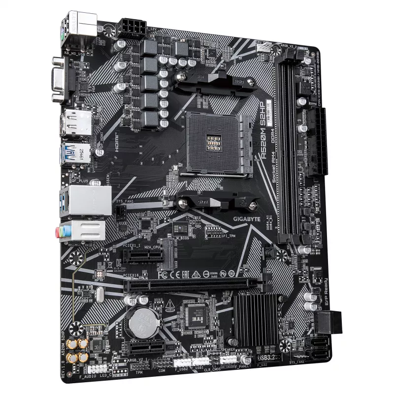 GIGABYTE A520M S2HP AM4 Micro-ATX emolevy, DDR4, HDMI, D-Sub, DisplayPort, M.2, Gigabit LAN