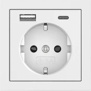 Gira SCHUKO-pistorasia USB-virtalähdöllä, 2x USB-A 5V 2,1A, uppoasennus, puhtaanvalkoinen kiiltävä 245970