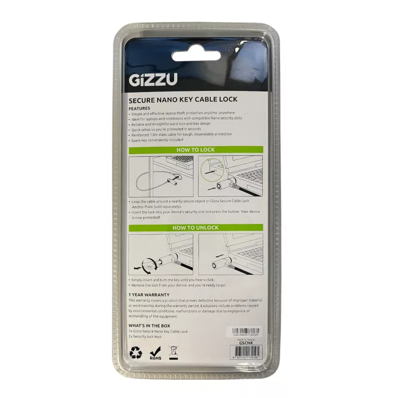 GIZZU 1,8 m Nano Key Lock turvakaapeli avaimella - musta