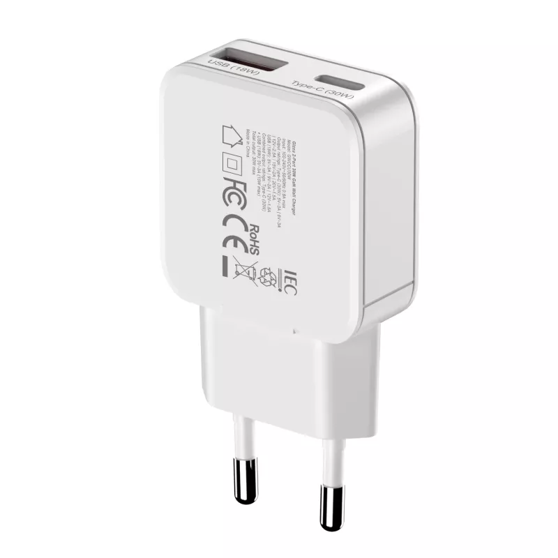 Gizzu 2-porttinen 30W GaN seinälaturi USB-C PD + USB-A QC valkoinen