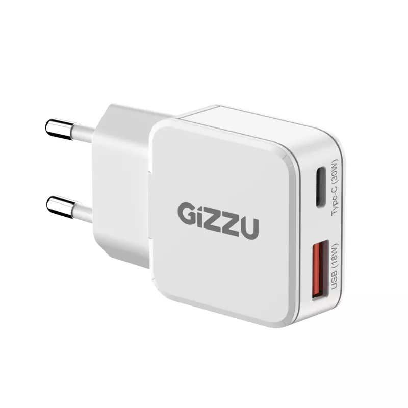Gizzu 2-porttinen 30W GaN seinälaturi USB-C PD + USB-A QC valkoinen