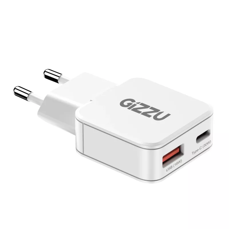 Gizzu 2-porttinen 30W GaN seinälaturi USB-C PD + USB-A QC valkoinen
