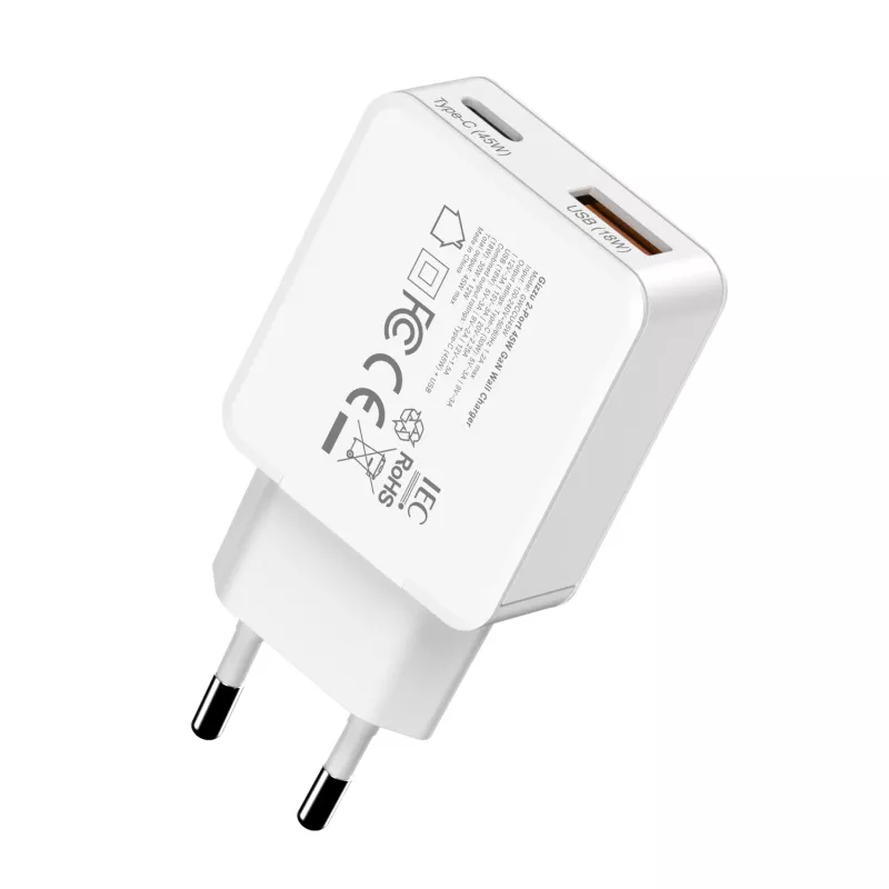 Gizzu 2-porttinen 45W GaN seinälaturi USB-C PD & USB-A QC valkoinen