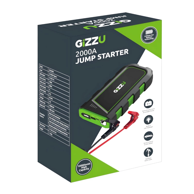 GIZZU 2000A käynnistyslaite 16000mAh - musta