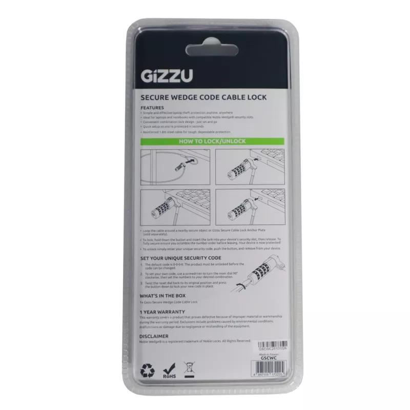 Gizzu Secure Wedge -vaijerilukko koodilla 1,8 m