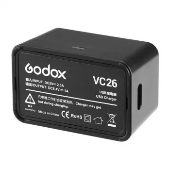 Godox VC26 USB-C-laturi V1- ja V860III-salamien akuille – 5V/2A-tulo, 8,4V/1A-lähtö, LED-näyttö, sis. USB-A–USB-C-kaapelin