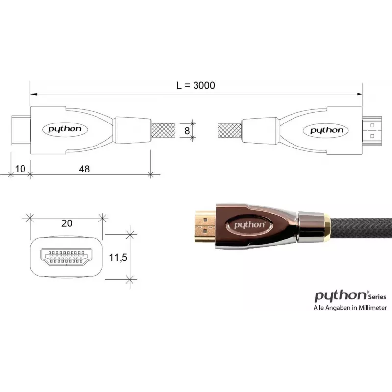 GoodConnections PYTHON Series High-Speed HDMI-kaapeli Ethernetillä, 4K UHD 60 Hz, 18 Gbit/s, kullattu, nailonpunos, 3 m, musta (GC-M0018)