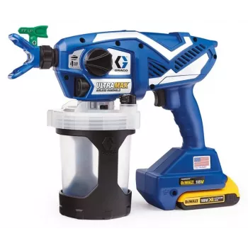 Graco Ultramax akkukäyttöinen airless-käsiruiskumaalaussarja 2x DeWalt 2.0Ah akulla, laturilla ja työkalulaukulla