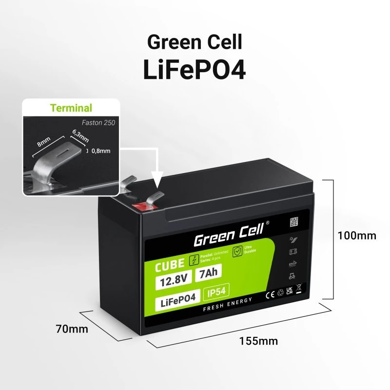 Green Cell LFPGC12V7AH UPS-akku litium-rautafosfaatti (LiFePO4) 12,8 V 7 Ah