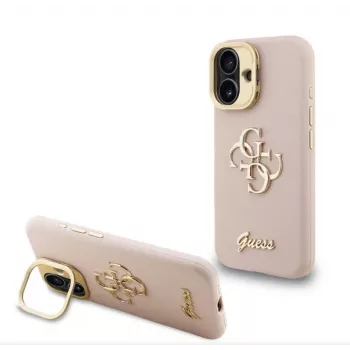 Guess Apple iPhone 16 Pro Max PU-kornstruktuurinen 4G-logo jalustalla kamera-kehys kuori pinkki