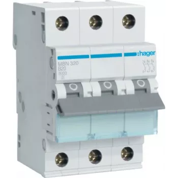 Hager MBN320 3-napainen 20 A B-käyrä johdonsuojakatkaisija, 6 kA, 3 moduulia