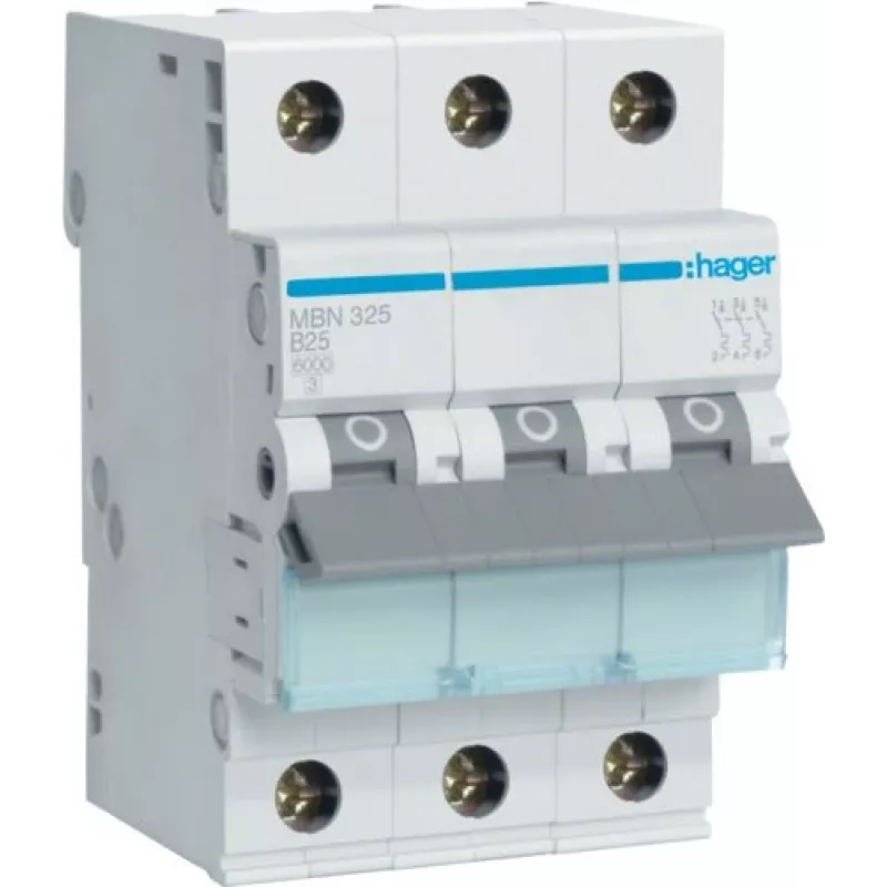 Hager MBN325 3-napainen 25 A B-käyrä johdonsuojakatkaisija, 6 kA, 3 moduulia