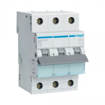 Hager MBN325 3-napainen 25 A B-käyrä johdonsuojakatkaisija, 6 kA, 3 moduulia
