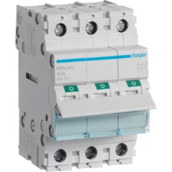 Hager SBN340 3-napainen 40A kuormankatkaisija, 3 moduulia DIN-kiskoasennus