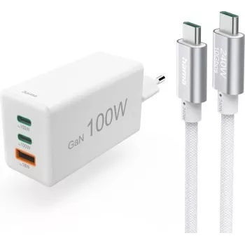 Hama USB-C pikalaturi USB-C-kaapelilla, 100W Power Delivery, 1,5m, valkoinen 00200027