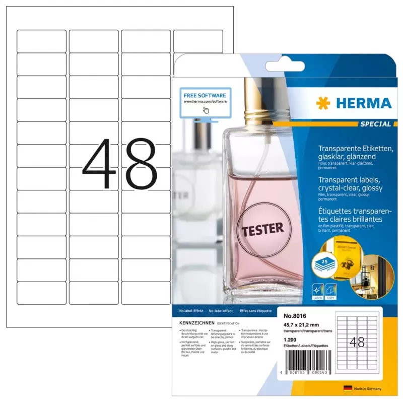 HERMA 8016 kristallinkirkkaat kiiltävät polyesteritarrat A4 45,7 x 21,2 mm 1200 tarraa