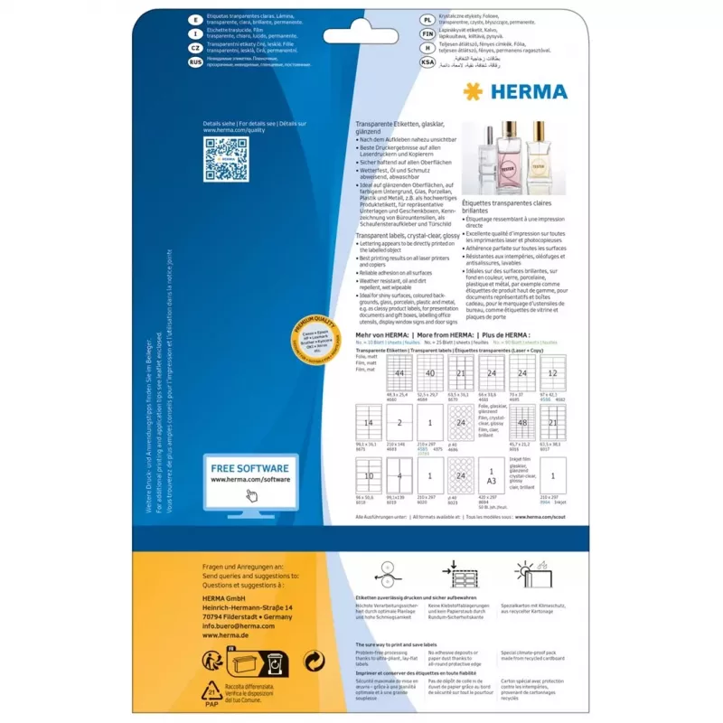 HERMA 8016 kristallinkirkkaat kiiltävät polyesteritarrat A4 45,7 x 21,2 mm 1200 tarraa