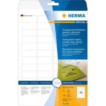 HERMA 8016 kristallinkirkkaat kiiltävät polyesteritarrat A4 45,7 x 21,2 mm 1200 tarraa