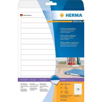HERMA Special Permanent itseliimautuvat mattapintaiset opaakit arkistotarrat, paperi, valkoinen, 192 x 16,9 mm, 400 tarraa (25 arkkia x 16) (5118)