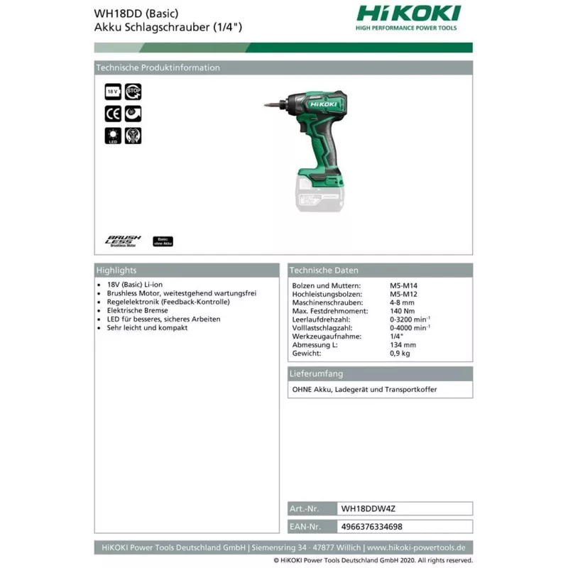 HIKOKI WH18DD 18V akkuiskuruuvinväännin, 0-3200 kierr./min, 0-400 IPM