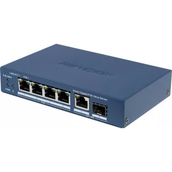 Hikvision DS-3E1506P-EI/M-4P1T1F(O-STD) hallitsematon kytkin 4-porttisella PoE+:lla, 1 Gigabit RJ45 ja 1 SFP-uplink