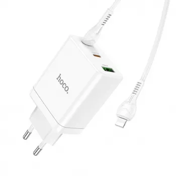 HOCO 35W kaksi USB-C + USB-A PD & QC3.0 seinälaturi USB-C–Lightning-kaapelilla, valkoinen