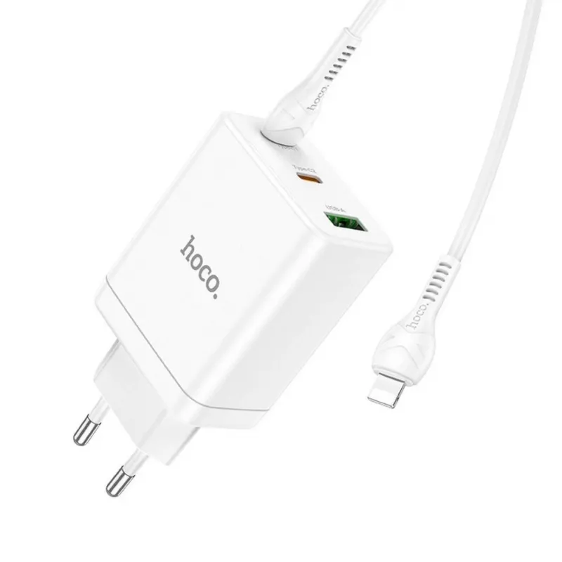 HOCO 35W kaksi USB-C + USB-A PD & QC3.0 seinälaturi USB-C–Lightning-kaapelilla, valkoinen