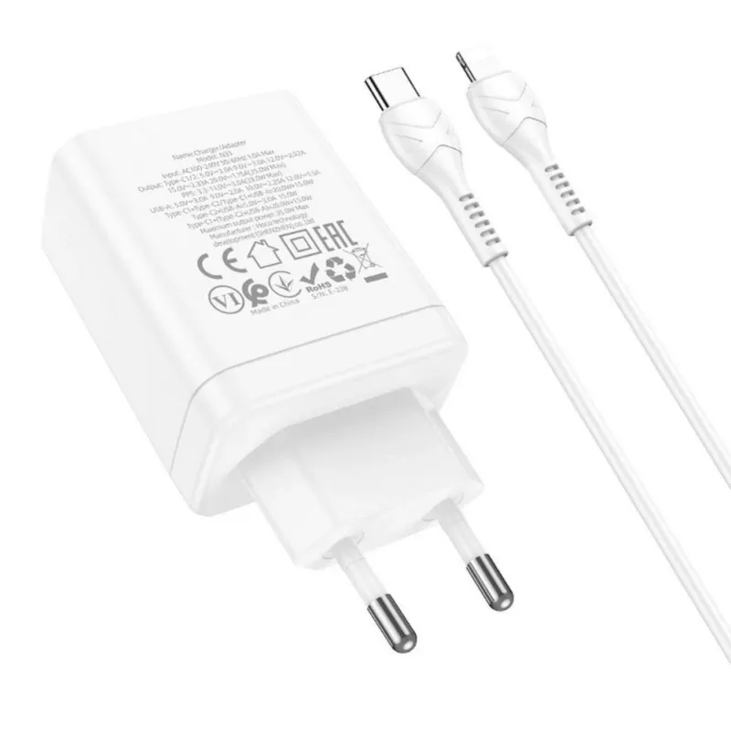 HOCO 35W kaksi USB-C + USB-A PD & QC3.0 seinälaturi USB-C–Lightning-kaapelilla, valkoinen
