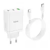 HOCO 35W kaksi USB-C + USB-A PD & QC3.0 seinälaturi USB-C–Lightning-kaapelilla, valkoinen