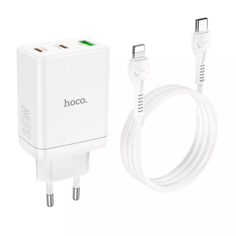 HOCO 35W kaksi USB-C + USB-A PD & QC3.0 seinälaturi USB-C–Lightning-kaapelilla, valkoinen