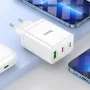 HOCO 35W kaksi USB-C + USB-A PD & QC3.0 seinälaturi USB-C–Lightning-kaapelilla, valkoinen