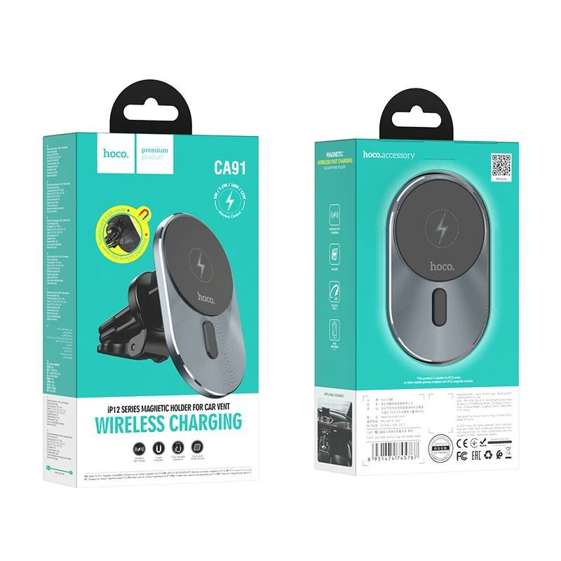Hoco CA91 Magic Magnetic Wireless -pikalaturi autoteline, 15W, harmaa